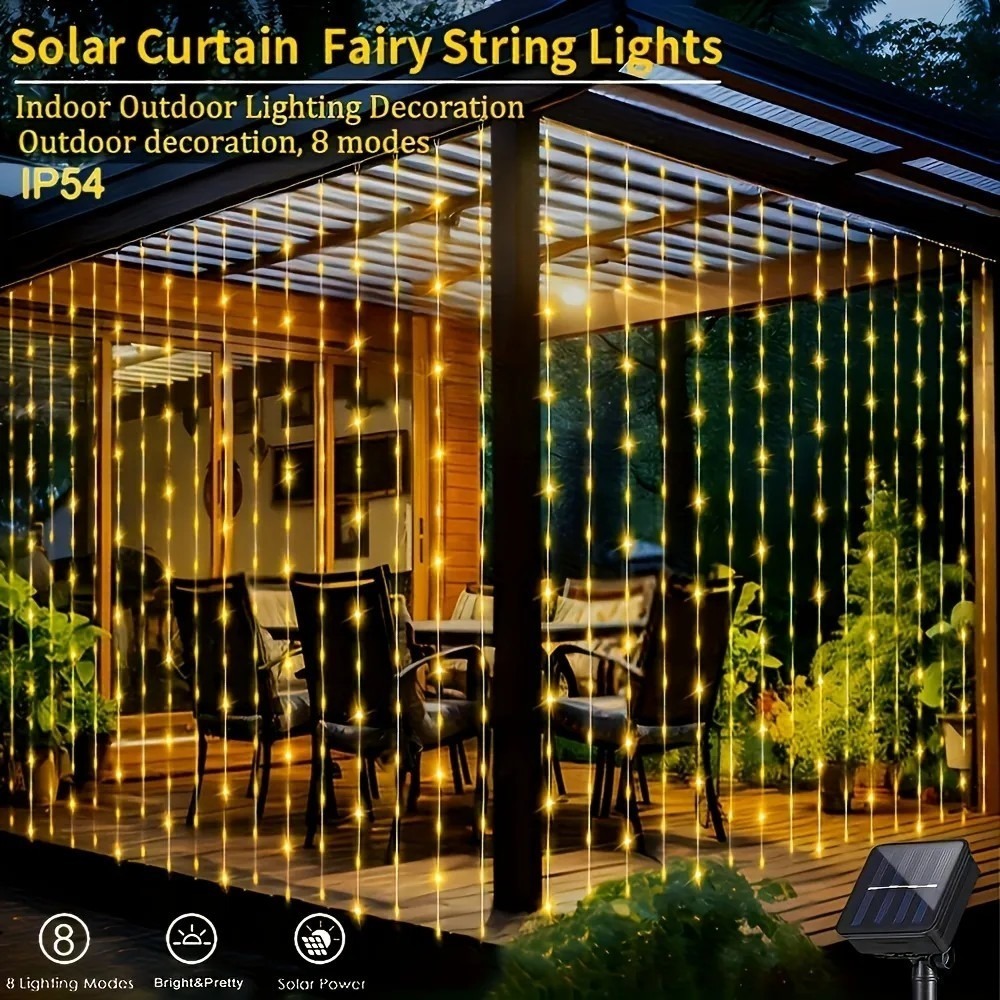 300 LEDs Solar Curtain Lights – 8 Lighting Modes Outdoor Fairy String Lights US